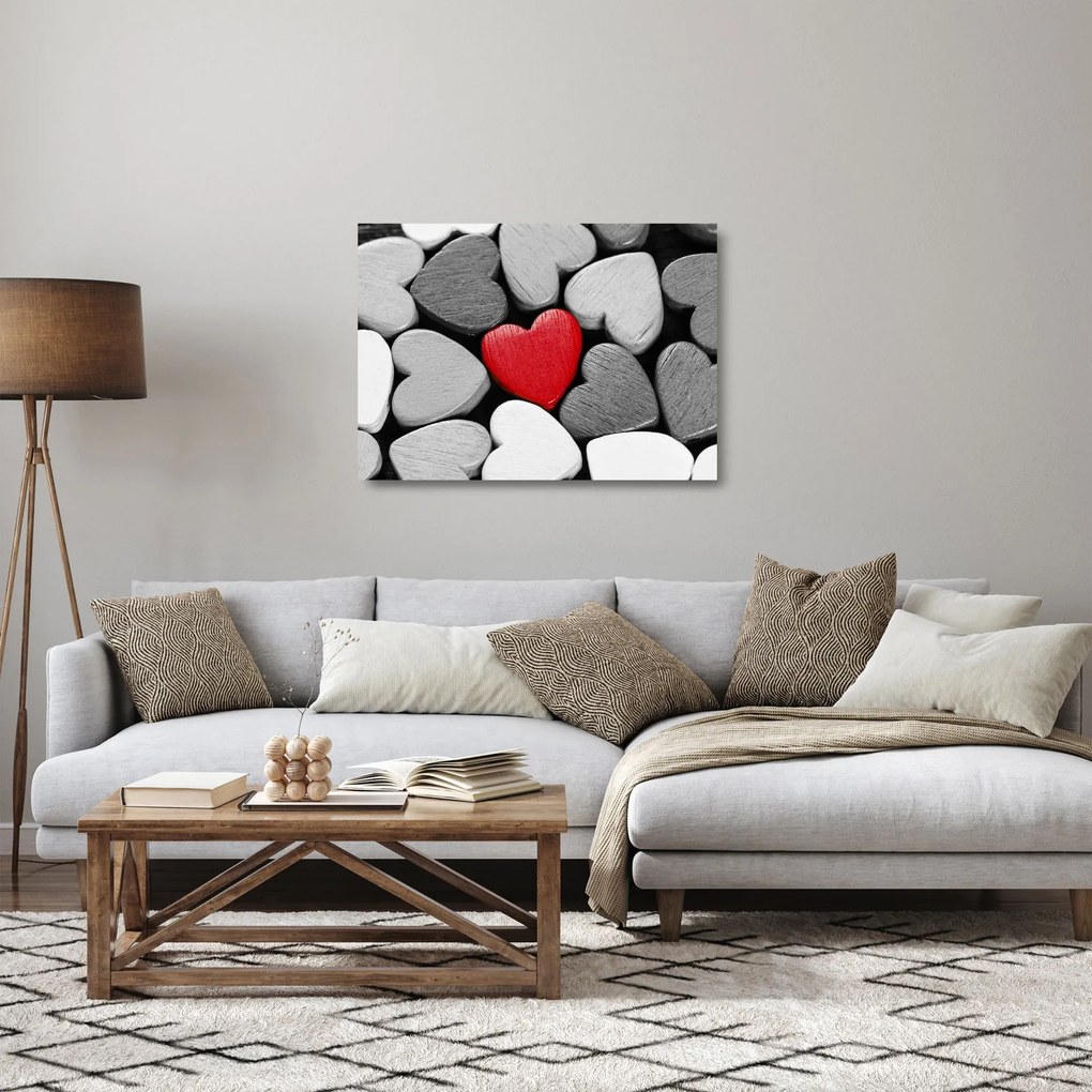 Tablou pe sticlă cu inimioare din lemn (70x50 cm)