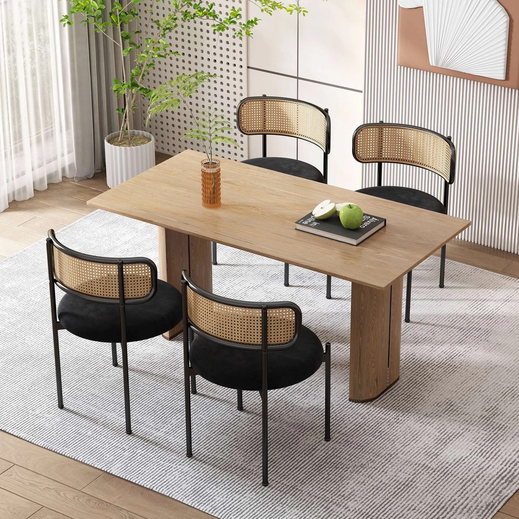 Set de 2 scaune de dining din țesătură cu efect de catifea, cu picioare din metal și spătar din ratan, 60x18x86 cm, Negru