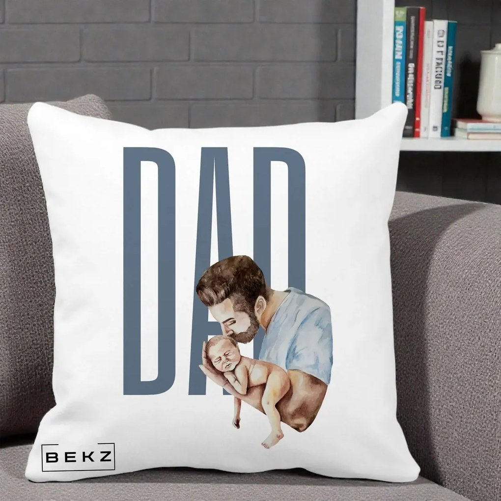 Cadou pentru Tata - Perna Personalizata DAD Tata si Nou-Nascut, 40x40 cm, Alba Mata, Husa Detasabila, Perna Inclusa, BEKZ®