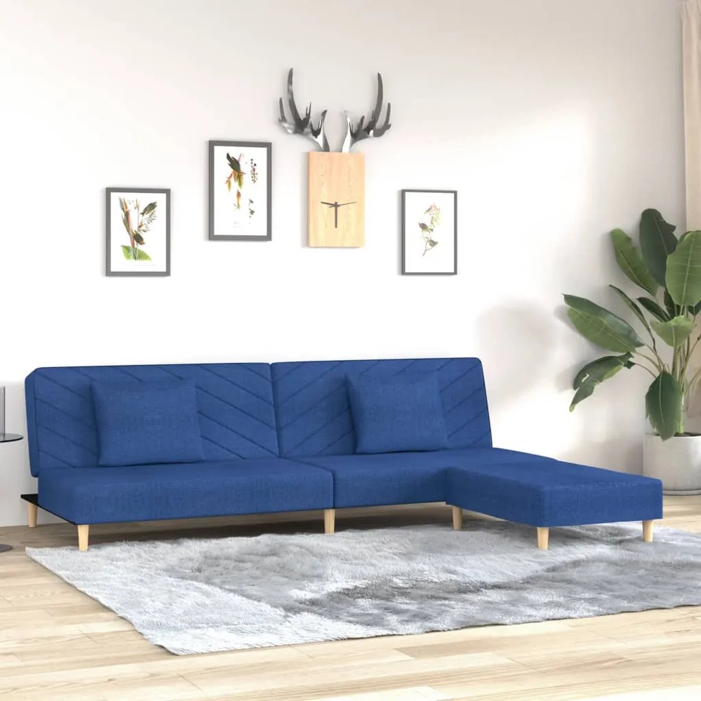 3081813 vidaXL Canapea extensibilă 2 locuri, 2 perne&taburet, albastru, textil