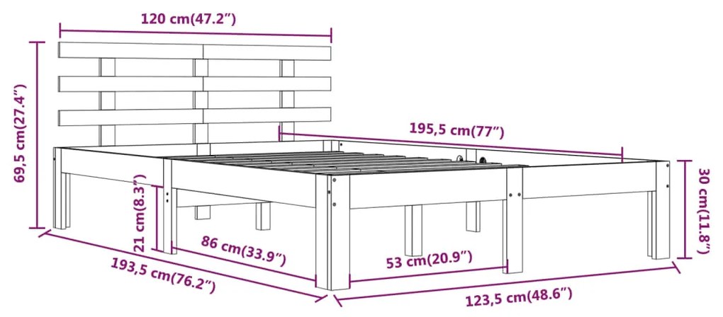 Cadru de pat mic dublu 4FT, negru, 120x190 cm, lemn masiv Negru, 120 x 190 cm