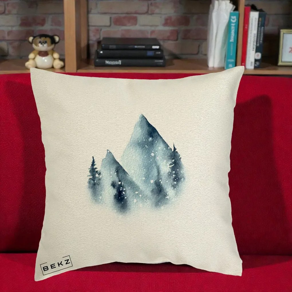 Perna Decorativa Munti Inzapeziti Acuarela Indigo, 40x40 cm, Ecru, Husa Detasabila, Perna Inclusa, BEKZ®