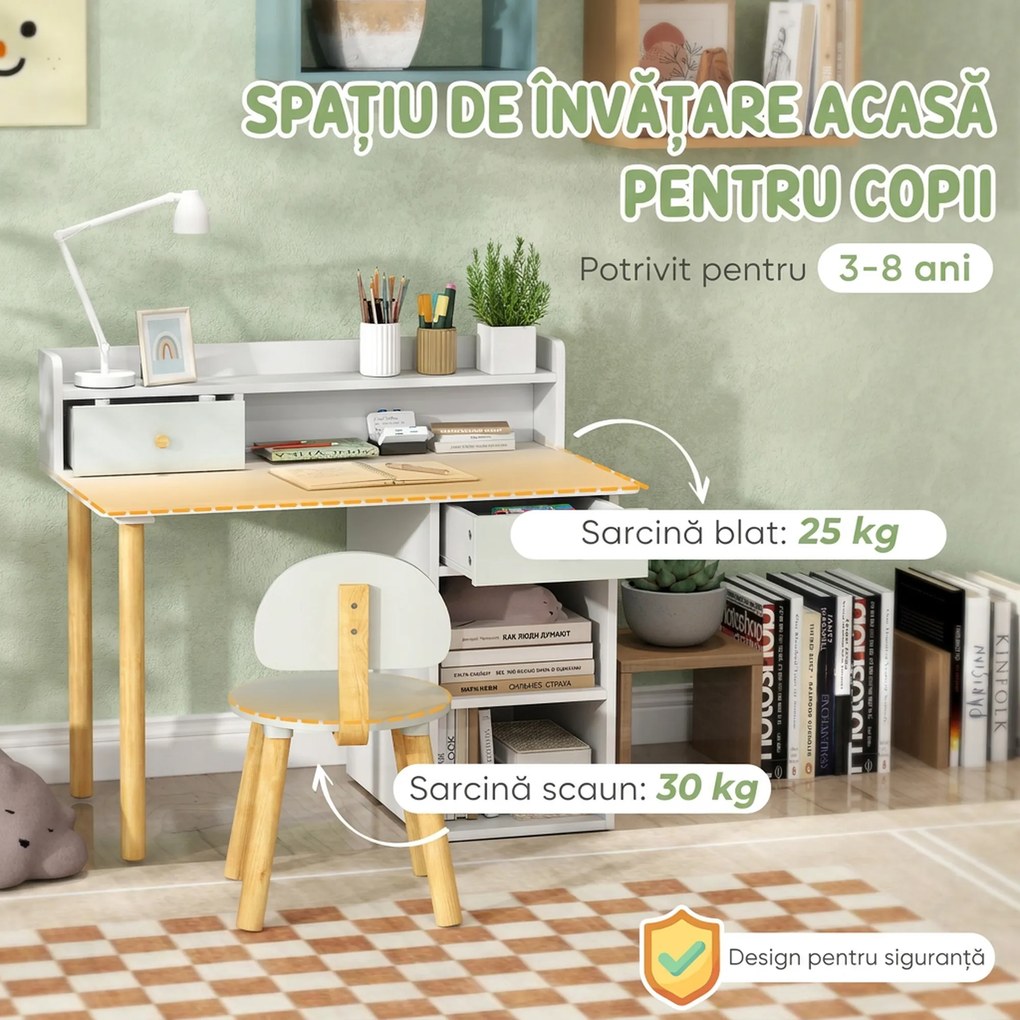 AIYAPLAY Set birou și scaun pentru copii cu 2 sertare și rafturi, din lemn, pentru cameră copii, birou, grădiniță, verde | Aosom Romania