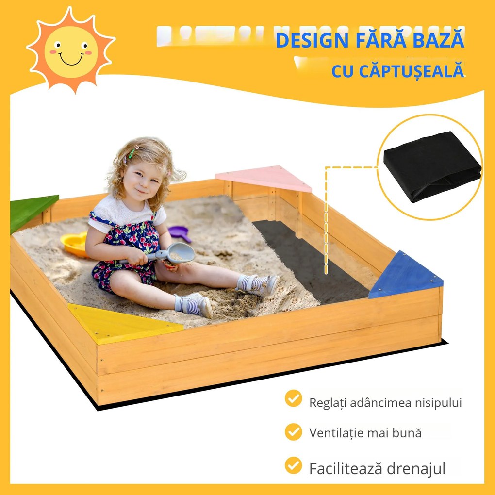 Outsunny Cutie Nisip Copii din Lemn, Design Natural, Rezistent la Intemperii, cu Capac Protecție | Aosom Romania