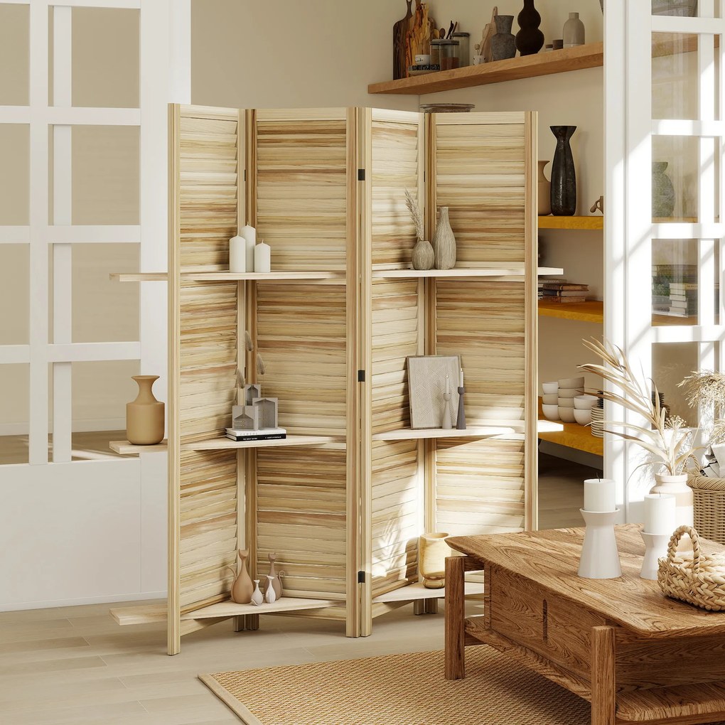 HOMCOM Paravan interior din lemn 4 panouri 160 x 170 cm, separator de cameră pliabil cu 3 rafturi, lemn natural | Aosom Romania
