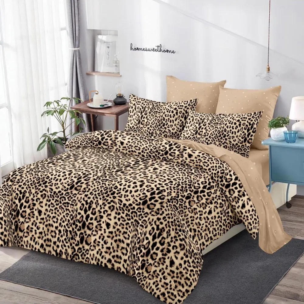 Lenjerie pat dublu  BUMBAC FINET  cu elastic  6 piese  Maro  animal print