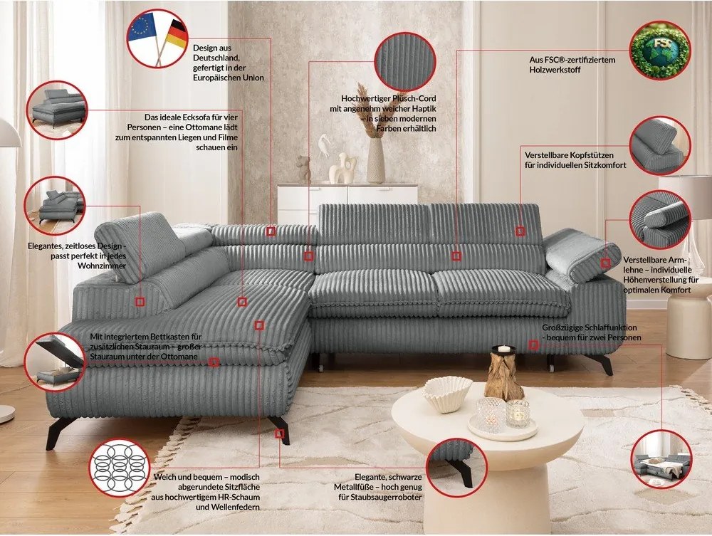 Colțar gri cu tapițerie din catifea reiată (cu colț pe partea stângă/în formă de ”L”) Marbeya – Ropez