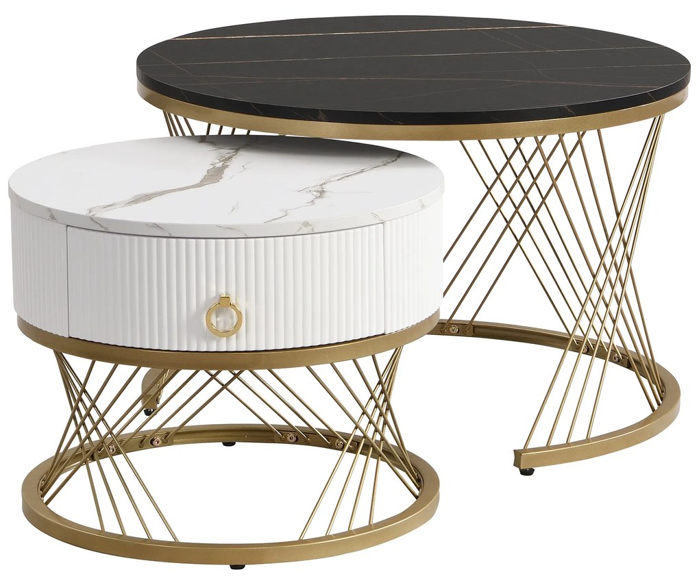 Set de 2 Măsuțe de Cafea Moderne Modulare din Marmură Sintetică cu Detalii Aurii și Sertare, Dimensiuni 70x70x45 cm și 50x50x40 cm, Negru