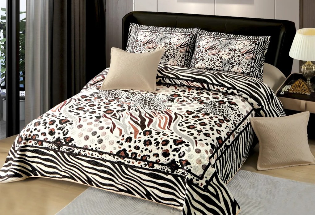 Cuvertură catifea matlasată, animal print alb-negru, 5 piese, 230x250 cm, CM36