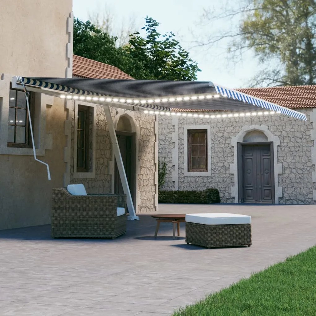 vidaXL Copertină retractabilă manual cu LED, albastru &amp; alb 500x300 cm