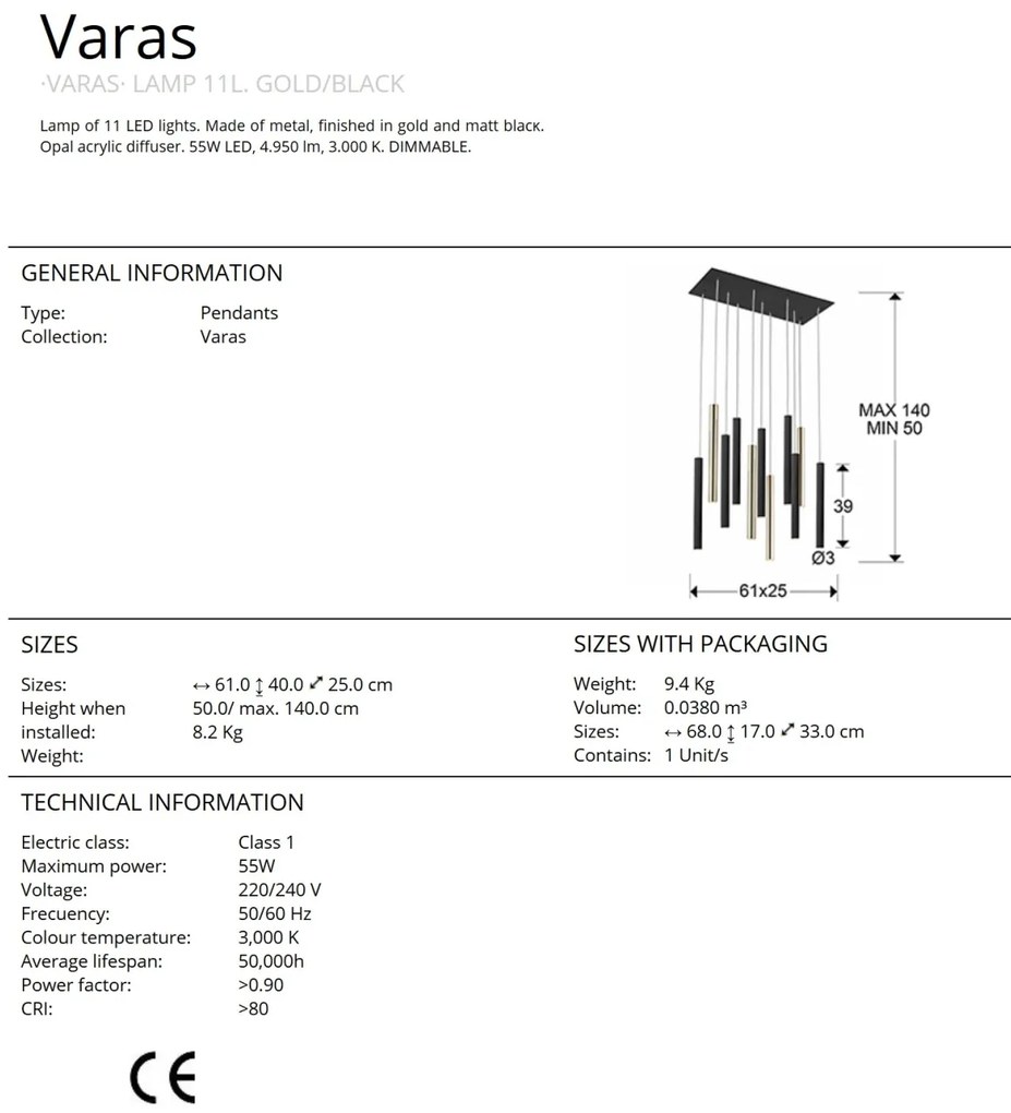 Lustra dimabila cu 11 pendule LED design modern Varas negru/auriu SV-373357