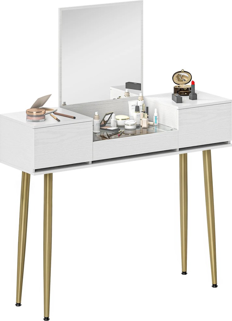 HOMCOM Masă de toaletă elegantă cu oglindă pătrată și sertare organizatoare 105,5x30x130,5 cm Alb și Auriu | Aosom Romania