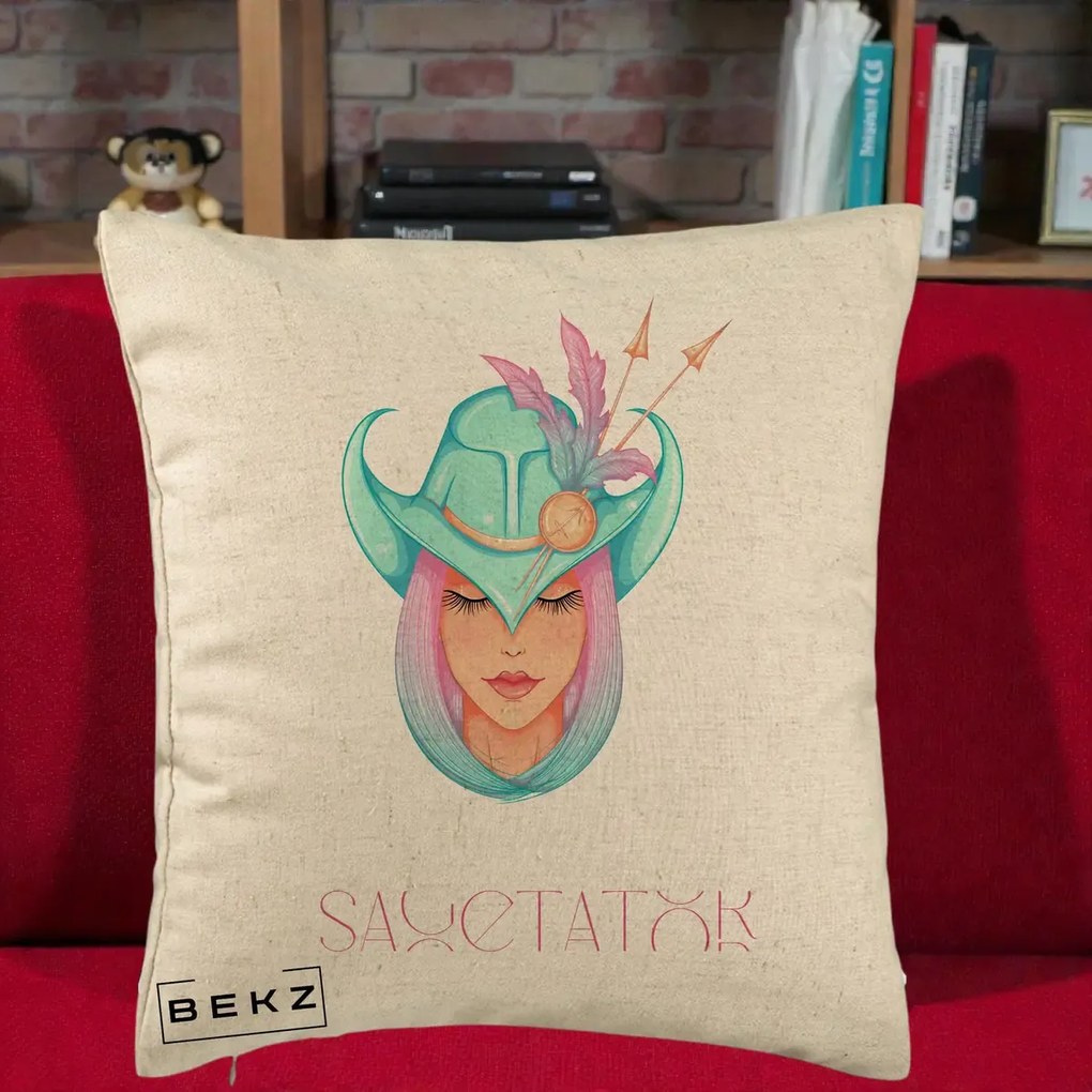 Perna Personalizata Zodiac Sagetator Cowgirl, 40x40 cm, Bej, Husa Detasabila, Perna Inclusa, BEKZ®