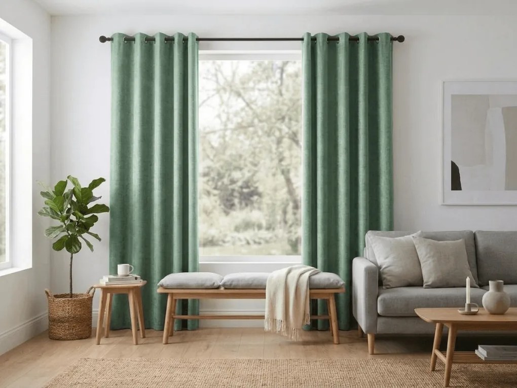 Perdea opaca LOOM VELVET 140x250 cm, verde Agatat: Inele metalice