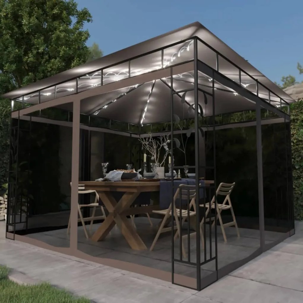 vidaXL Pavilion cu plasă anti-țânțari&amp;lumini LED,gri taupe, 3x3x2,73 m