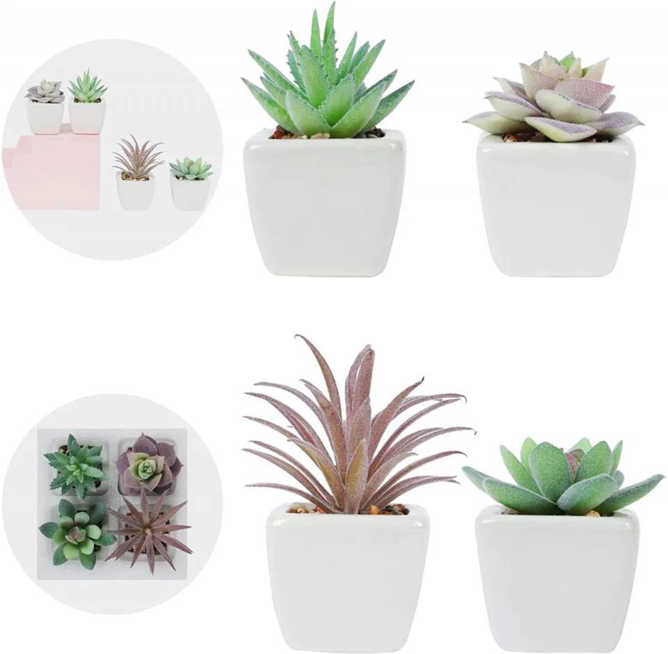 Set de 4 plante artificiale LITLANDSTAR, PVC/ceramica, alb/verde/mov, 5 x 4,5 cm