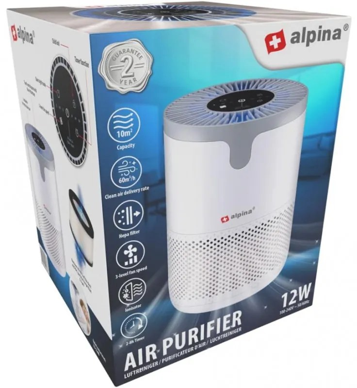 Purificator de aer Alpina, 12W, Pana la 10 m², 60 m³/h, HEPA 13, Ionizare, Timer, Alb