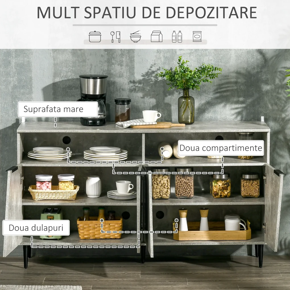 HOMCOM Bufeta moderna cu dulapuri cu 2 usi si rafturi reglabile, dulap pentru bucatarie si living cu efect de marmura, gri | AOSOM RO