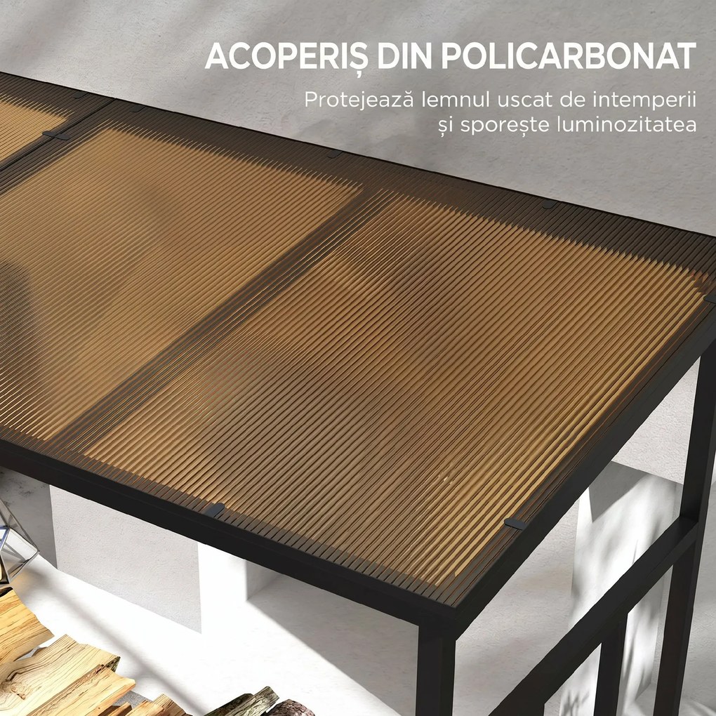 Outsunny Suport pentru Lemne de Foc cu Acoperiș din Policarbonat, Depozit Lemne pentru Sobă și Șemineu, 185x67x185 cm, Negru | Aosom Romania