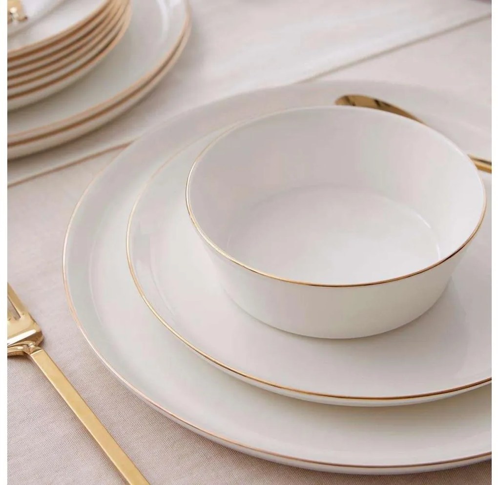 Set de veselă 24 piese din porțelan alb, cu accente aurii
