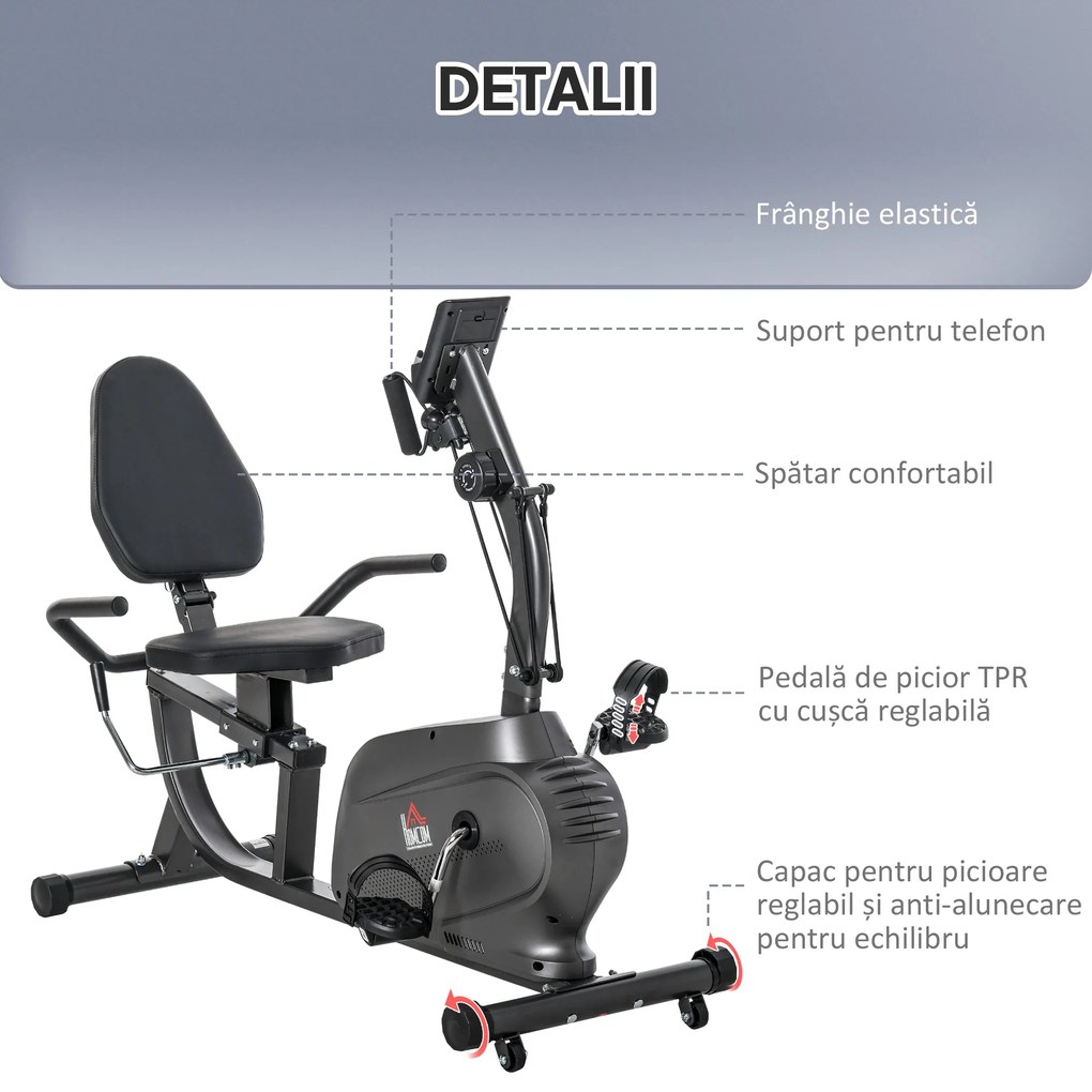 HOMCOM Bicicletă Magnetică Orizontală Scaun Reglabil și Elastice pentru Brațe | Aosom Romania