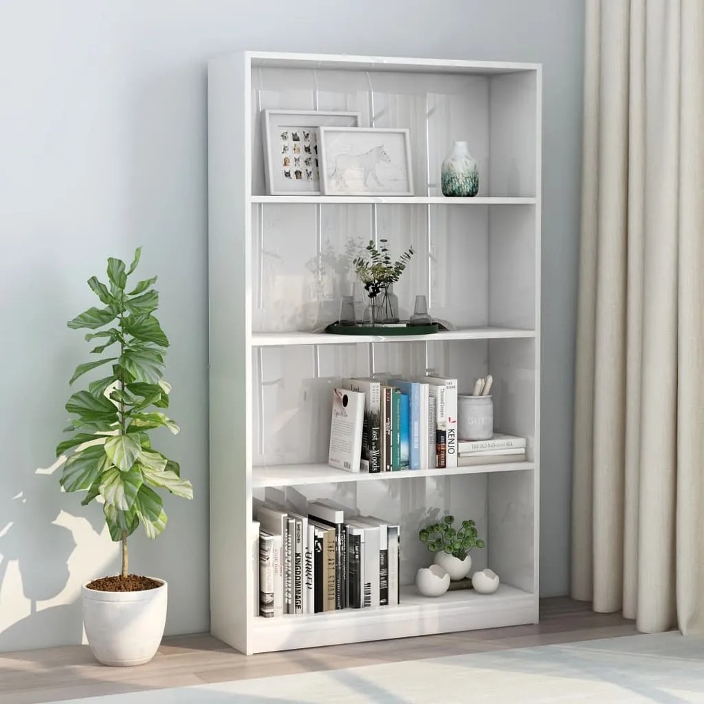 800915 vidaXL Bibliotecă 4 rafturi, alb lucios, 80x24x142 cm, lemn prelucrat