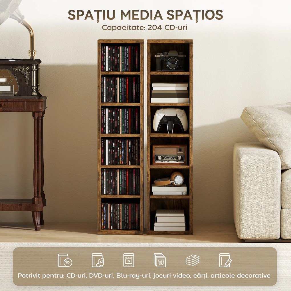 HOMCOM Set de 2 Rafturi pentru 204 CD-uri cu Polițe Ajustabile, 21x22,5x88,5cm, Maro Rustic | Aosom Romania