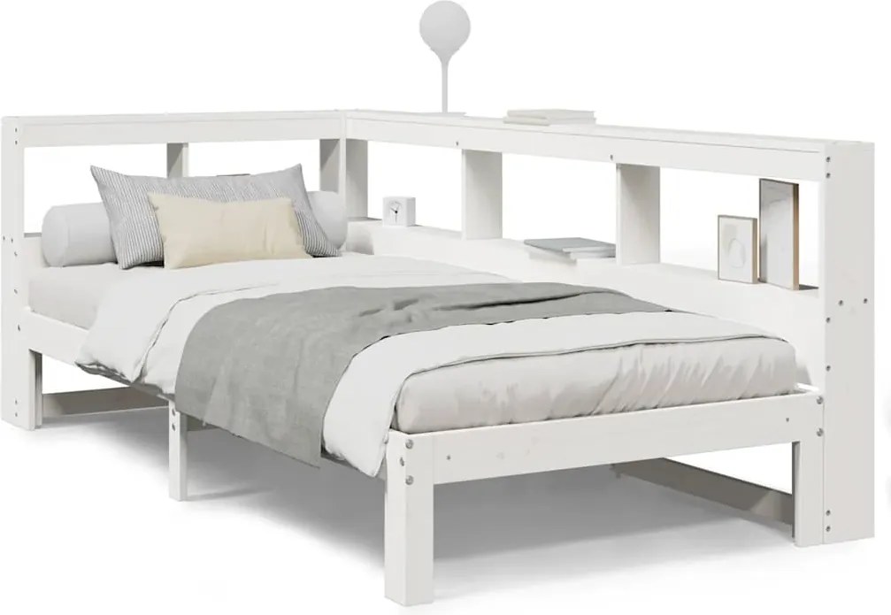 vidaXL Pat cu bibliotecă fără saltea, alb, 90x190 cm, lemn masiv pin