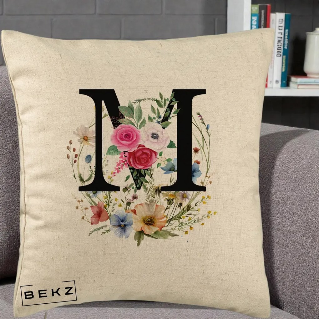 Cadou Personalizat - Perna Personalizata Monogram Litera M cu Flori Acuarela, 40x40 cm, Bej, Husa Detasabila, Perna Inclusa, BEKZ®
