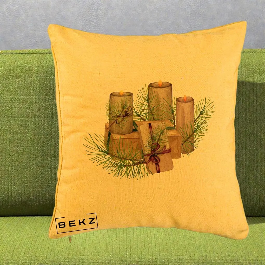 Perna Decorativa Lumanari cu Cadouri Naturale, 40x40 cm, Galben, Husa Detasabila, Perna Inclusa, BEKZ®