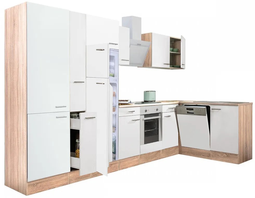 Mobilă de bucătărie de colț Yorki 370, corp din stejar sonoma, față alb satinat, element cuptor inferior, dulap cu rafturi, frigider congelator superior