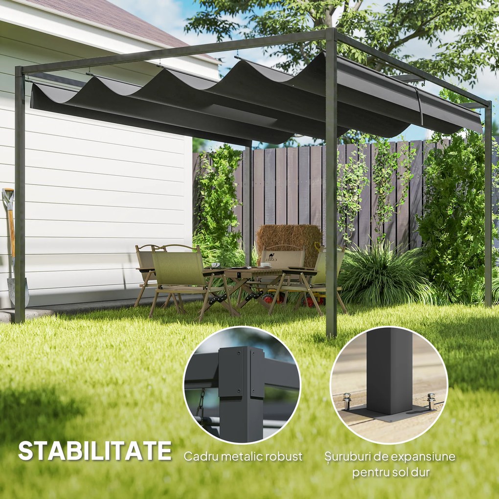 Outsunny Pergolă 3x2 m cu Acoperiș Retractabil, Orificii de Drenaj, Țepușe și Șuruburi, Pergolă de Grădină din Poliester și Metal, pentru Terasă, Curte, Exterior, Negru | Aosom Romania