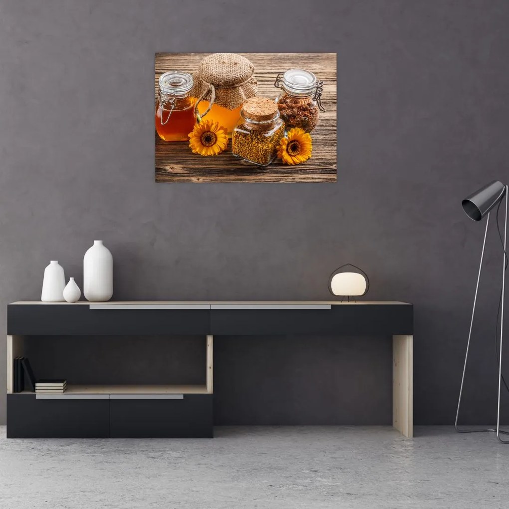 Tablou pe sticlă - Natura morta cu borcane de miere (70x50 cm)