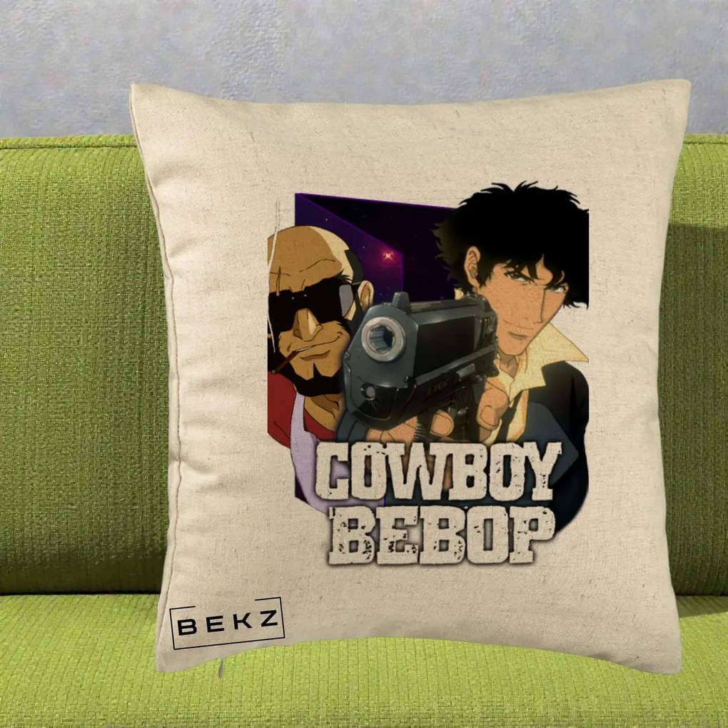 Perna Personalizata Cowboy Bebop Spike si Jet Poster, 40x40 cm, Bej, Husa Detasabila, Perna Inclusa, BEKZ®