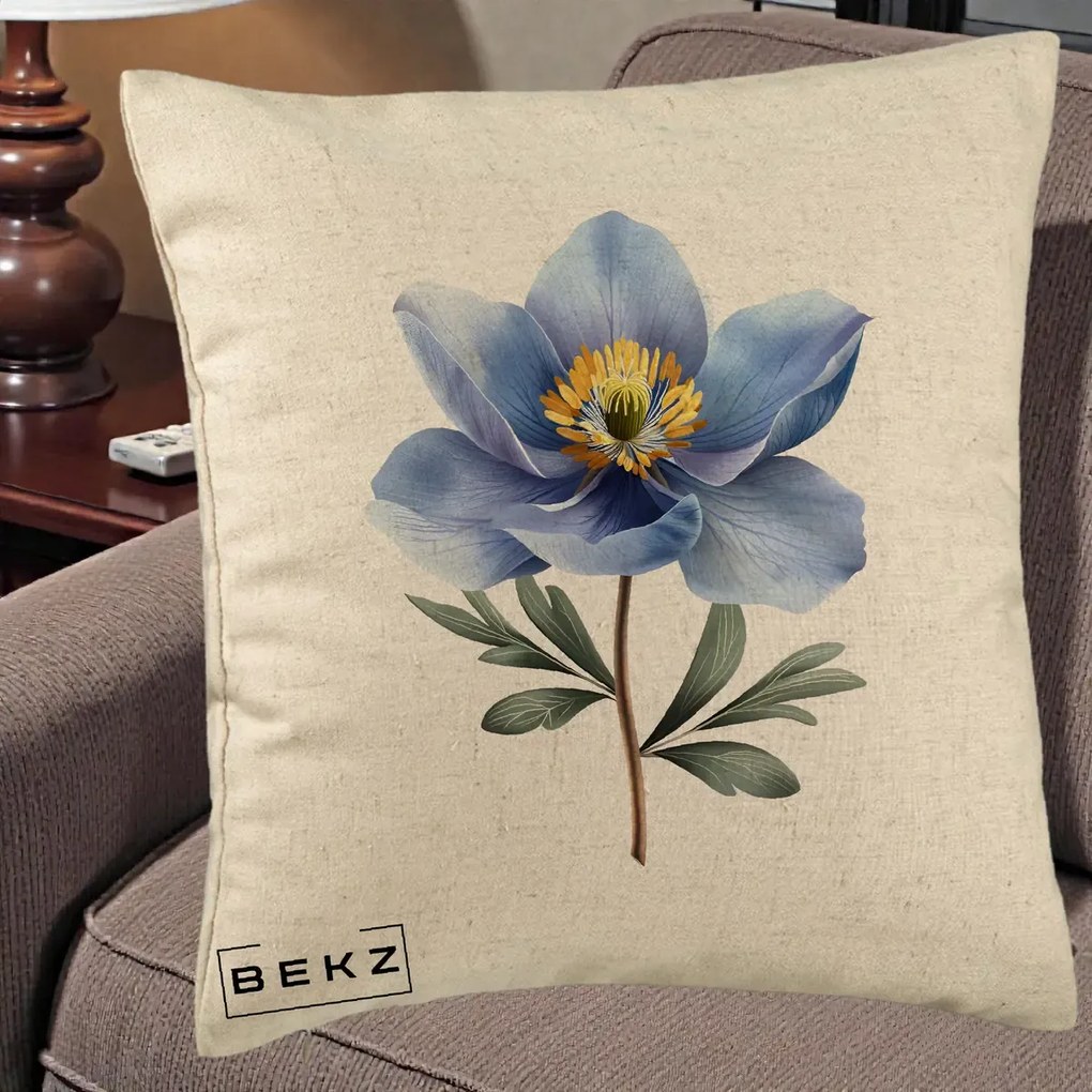 Perna Decorativa Anemona Albastra Botanica, 40x40 cm, Bej, Husa Detasabila, Perna Inclusa, BEKZ®