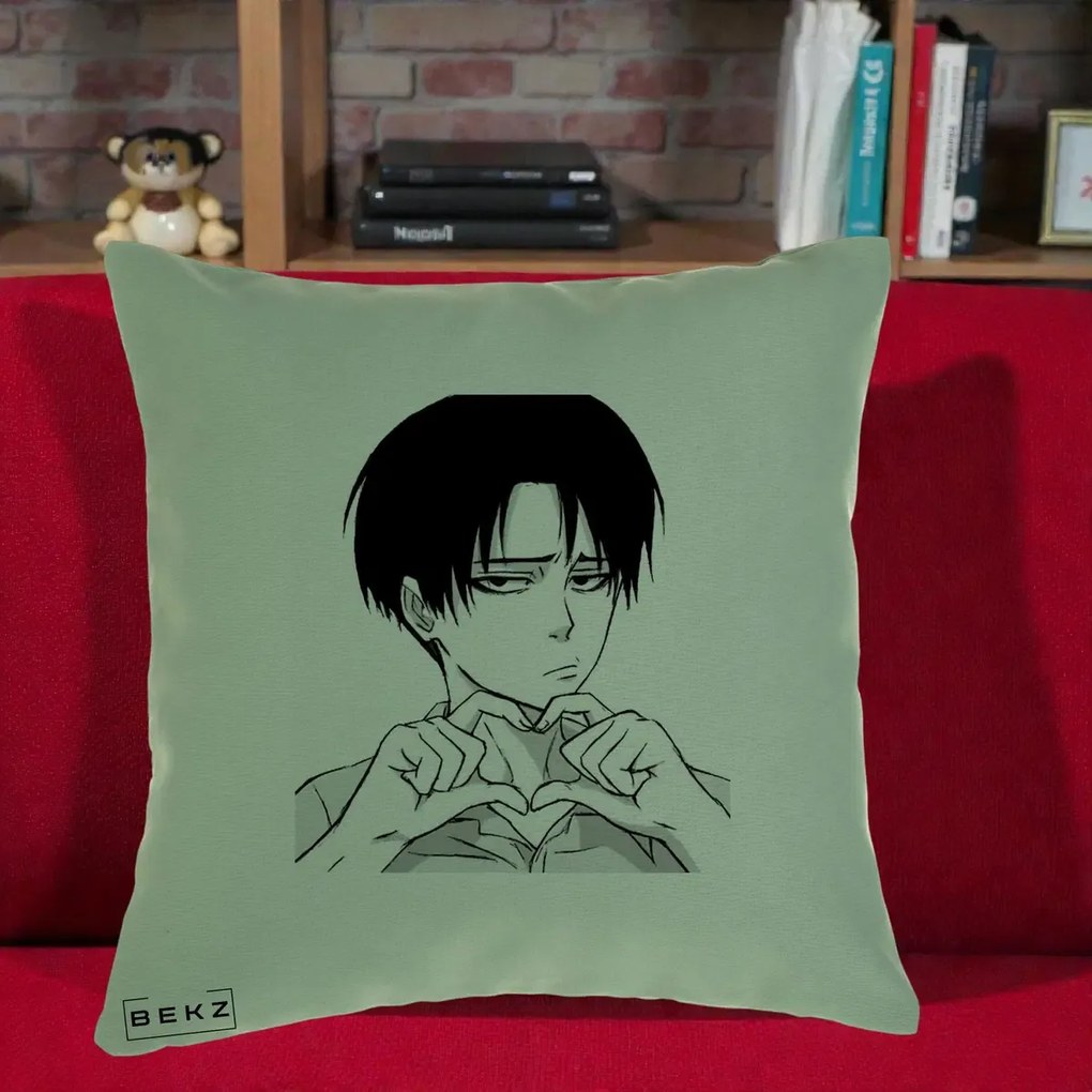 Perna Personalizata Levi Ackerman Inima, 40x40 cm, Verde, Husa Detasabila, Perna Inclusa, BEKZ®