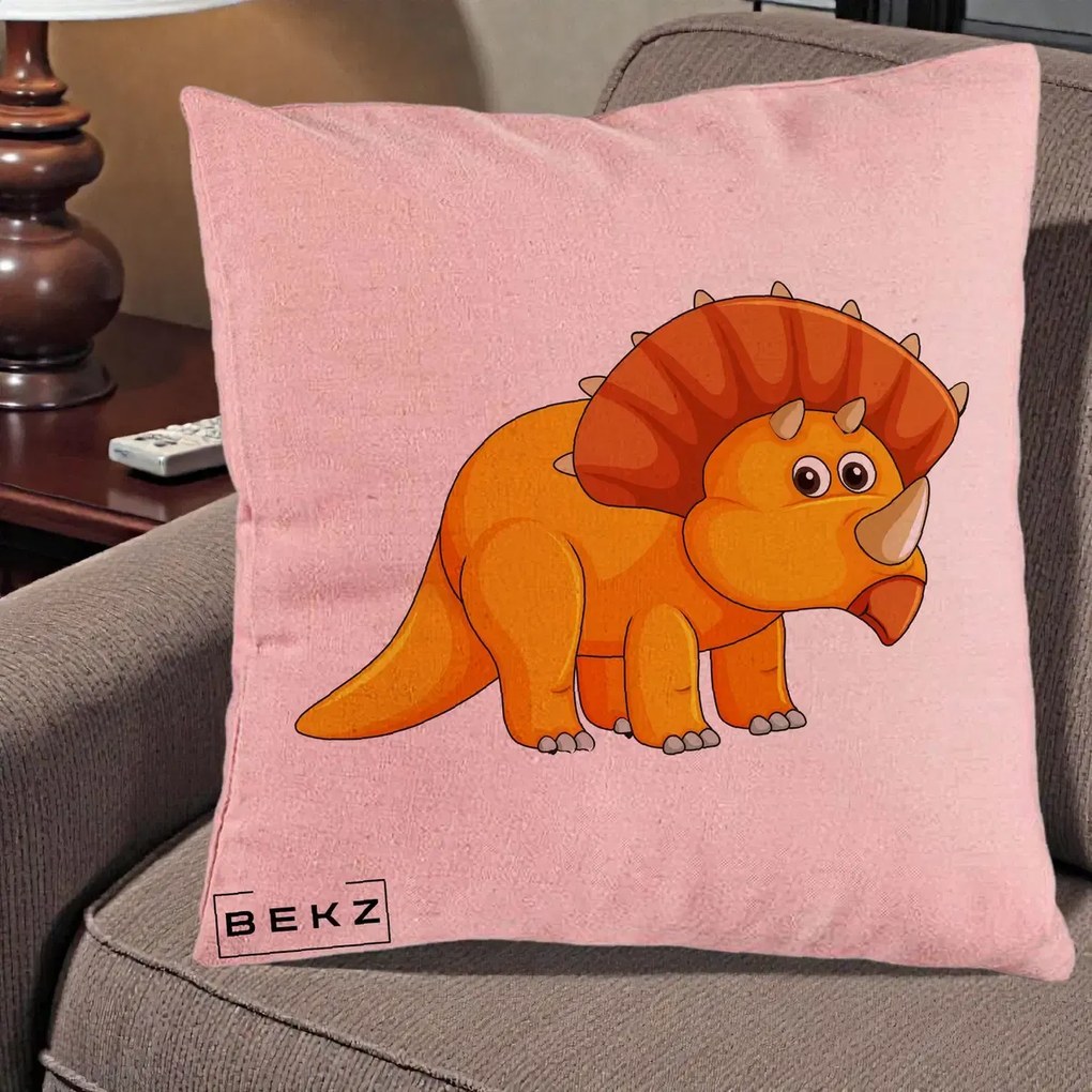Perna Decorativa Triceratops Portocaliu, 40x40 cm, Roz, Husa Detasabila, Perna Inclusa, BEKZ®