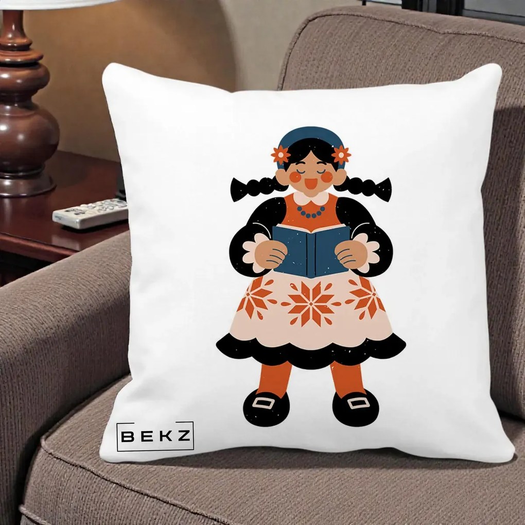 Perna Personalizata Fetita cu Carte Ilustratie Folk, 40x40 cm, Alba Mata, Husa Detasabila, Perna Inclusa, BEKZ®