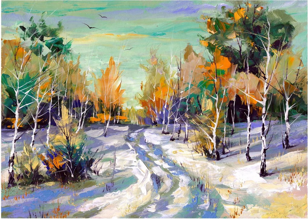 Tablou pe sticlă - Drum înzăpezit prin pădure (70x50 cm)