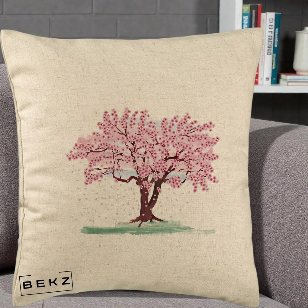 Perna Decorativa Cires Inflorit Acuarela, 40x40 cm, Bej, Husa Detasabila, Perna Inclusa, BEKZ®