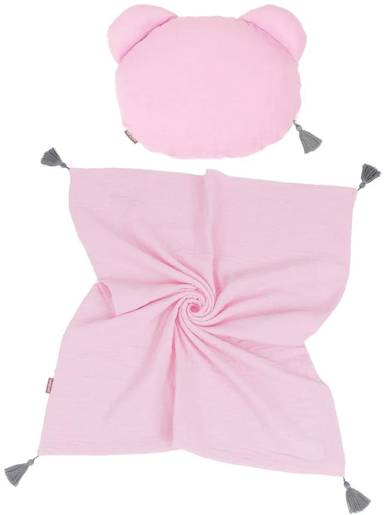 Mamo Tato Teddy Lux pernă dublă setat cu pătură 70x90cm - roz deschis