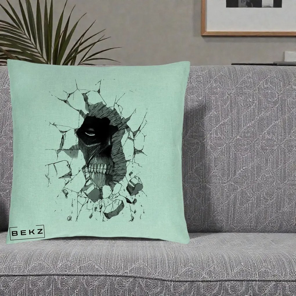 Perna Personalizata Attack on Titan Titan Crapand Zidul, 40x40 cm, Verde Menta, Husa Detasabila, Perna Inclusa, BEKZ®