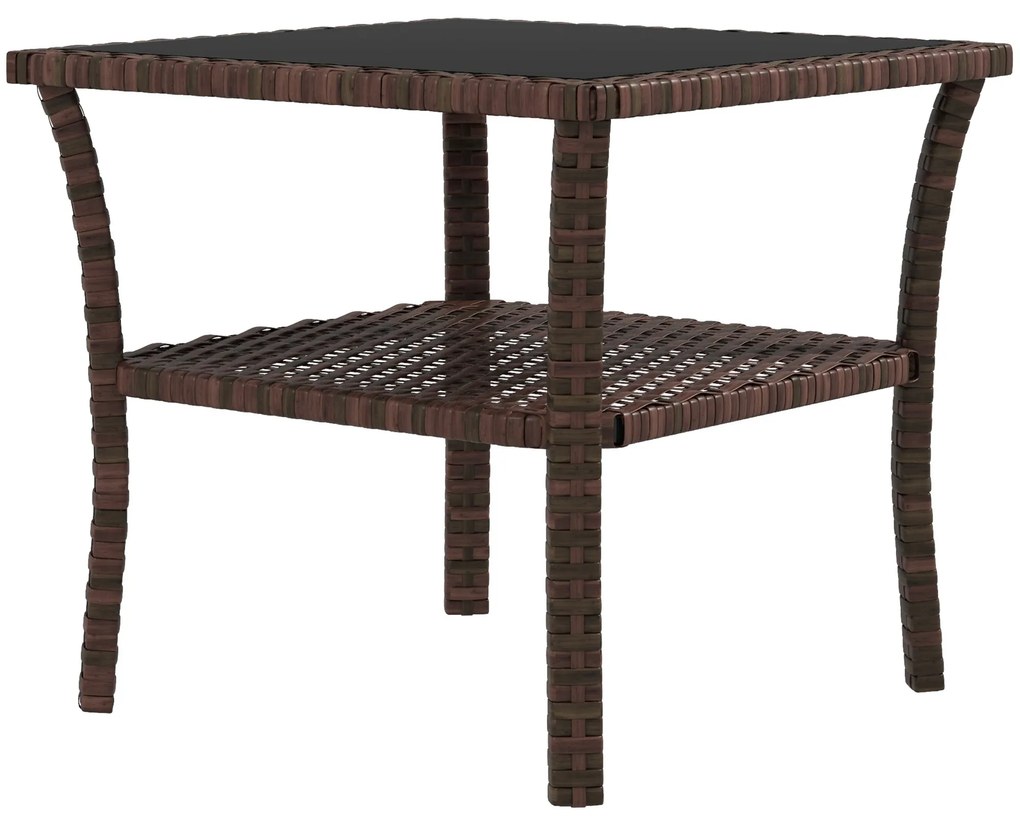 Outsunny Masă auxiliară din rășină împletită cu 2 nivele 50x50x45cm, masă de cafea pentru grădină pătrată cu blat de sticlă securizat, maro | Aosom Romania