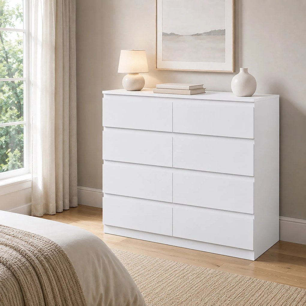 HOMCOM Comodă modernă cu 8 sertare, 120 x 39 x 100 cm, albă | Aosom Romania