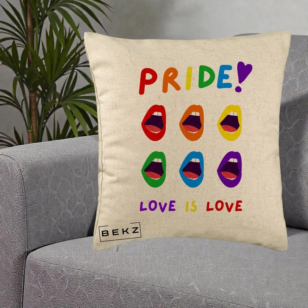 Perna Personalizata Pride Love is Love Curcubeu, 40x40 cm, Bej, Husa Detasabila, Perna Inclusa, BEKZ®