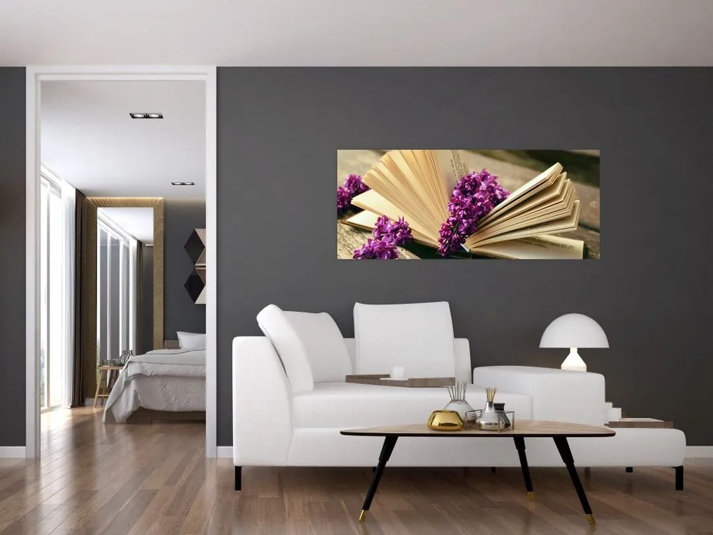 Tablou cu carte și floare violetă (120x50 cm)