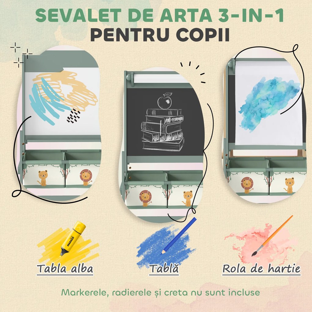 AIYAPLAY Tablă de desen pentru copii 3 în 1 cu rolă de hârtie și 2 coșuri de depozitare Verde | Aosom Romania