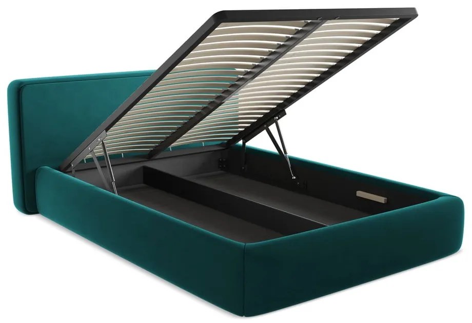 Pat matrimonial turcoaz tapițat cu spațiu de depozitare cu somieră 140x200 cm Kiana – Makamii