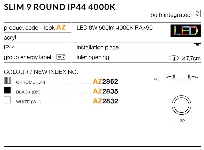 Spot LED pentru baie incastrat IP44 Slim 9 round 4000K alb