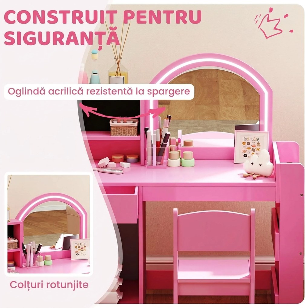 AIYAPLAY Set masă și scaun de machiaj pentru copii, cu lumini LED, MDF, Acril, 88.6 x 38.8 x 96.9, Roz | Aosom Romania